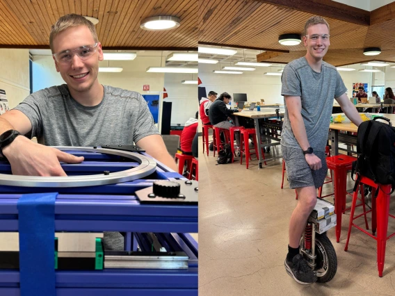 Two photos of Wilson in the Engineering Design Center: using equipment and riding a unicycle.