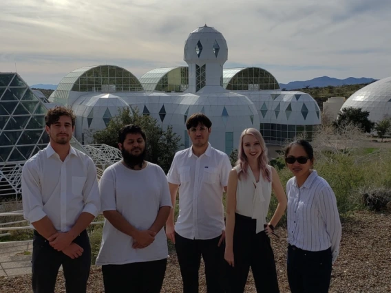 Image of Team 19094 at the Biosphere 2 in January, 2020: Gabriel Prado, Abdullah Al-Battash, Edgar Gomez, Lia Crocker and Tru Quach.