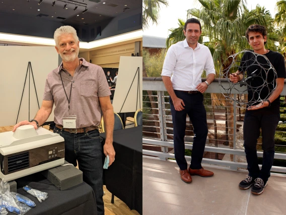 two images: on the left, a man smiling and standing next to what looks like an AC unit. On the right, two men smiling and holding a spherical robot about 2.5 feet in diameter.