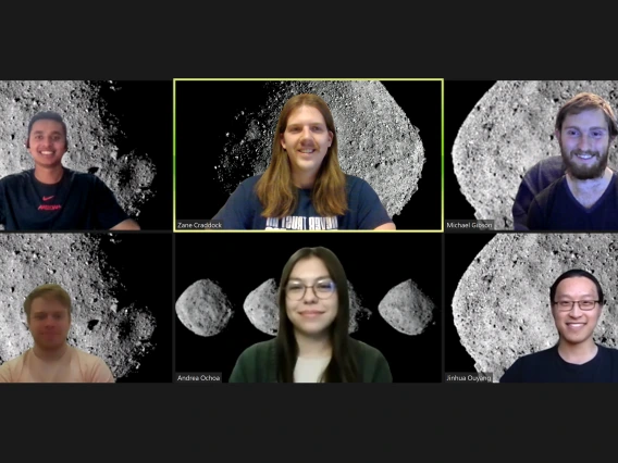 Screenshot of six students in a Zoom meeting, who all have the asteroid Bennu set as their background image.