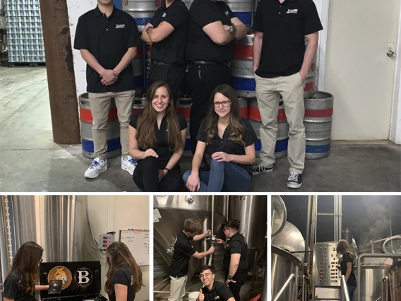 Top of image engineering students stand in front of brewery equipment. Bottom of image student collect data from brewing equipment. 