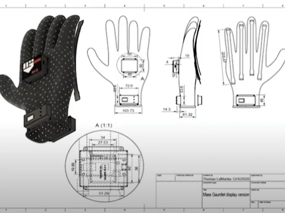 Digital drawings of a glove, seen from three different angles.