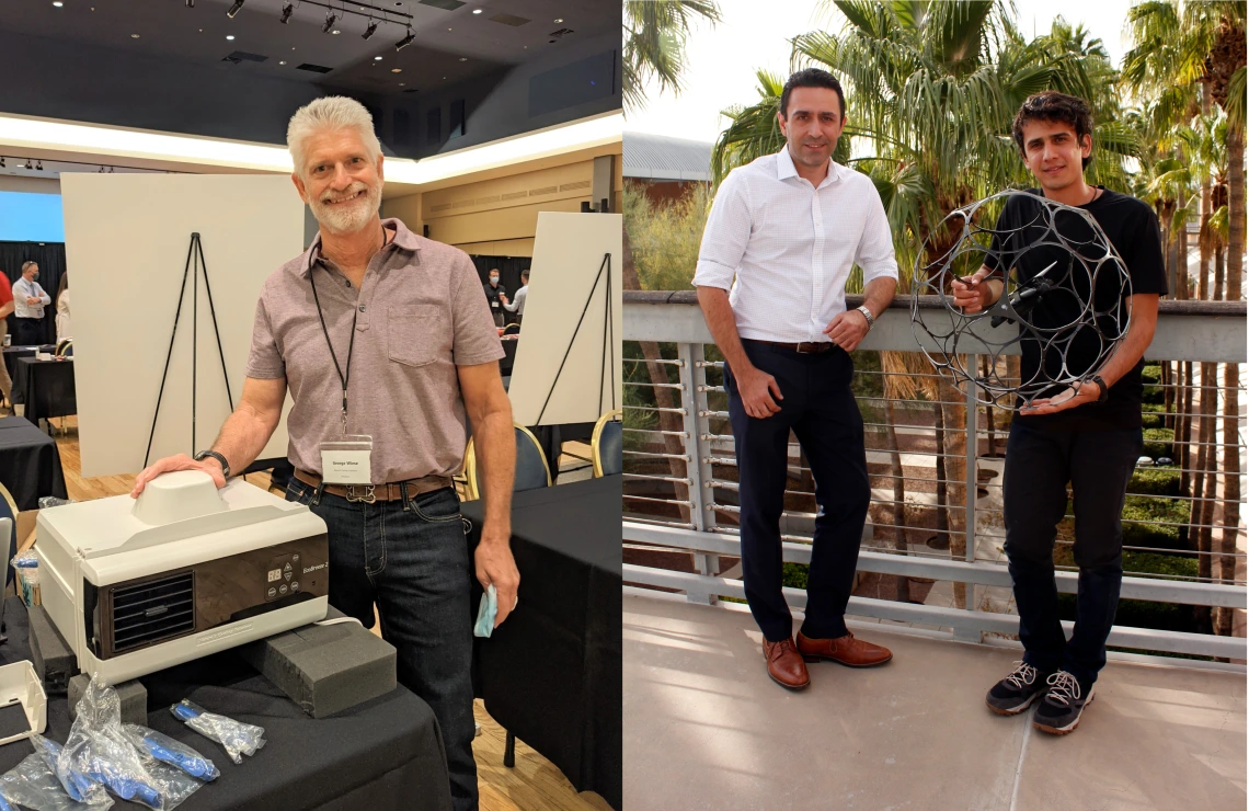 two images: on the left, a man smiling and standing next to what looks like an AC unit. On the right, two men smiling and holding a spherical robot about 2.5 feet in diameter.