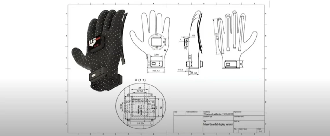 Digital drawings of a glove, seen from three different angles.