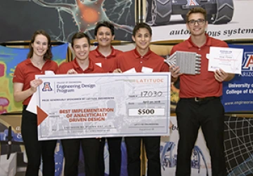 University students with a large award check