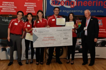 University students with presenter giving them a large award check