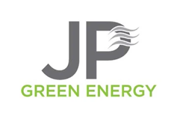 Logo for JP Green Energy consisting of the letters JP in gray with air waves through the curve of the P and Green Energy written in green underneath