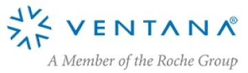 Logo for Ventana in blue lettering with A Member of the Roche Group in gray italics below it