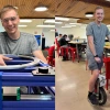 Two photos of Wilson in the Engineering Design Center: using equipment and riding a unicycle.