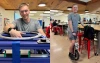 Two photos of Wilson in the Engineering Design Center: using equipment and riding a unicycle.