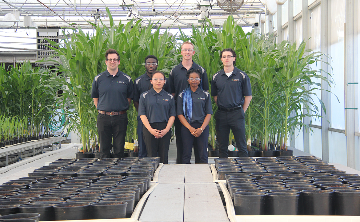 Six students standing in a greenhouse with plants behind them