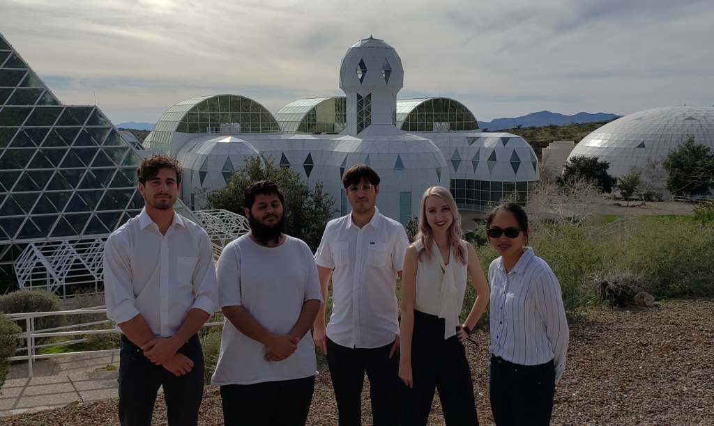 Image of Team 19094 at the Biosphere 2 in January, 2020: Gabriel Prado, Abdullah Al-Battash, Edgar Gomez, Lia Crocker and Tru Quach.