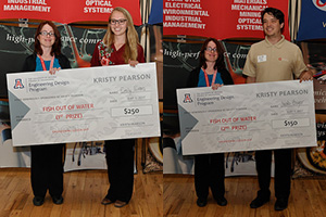 Two images side by side  of a woman presenting a giant check award to students