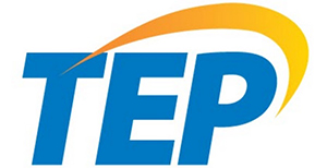 Blue letters spelling out T.E.P. for Tucson Electric Power with an orange arc over the top