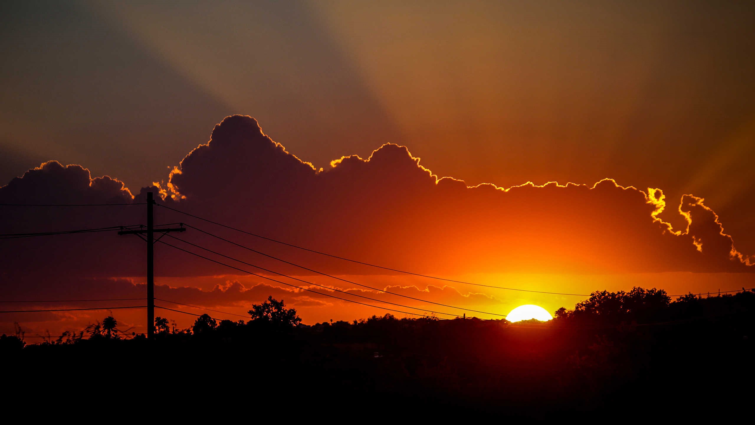electrical power lines are shown against a sunset