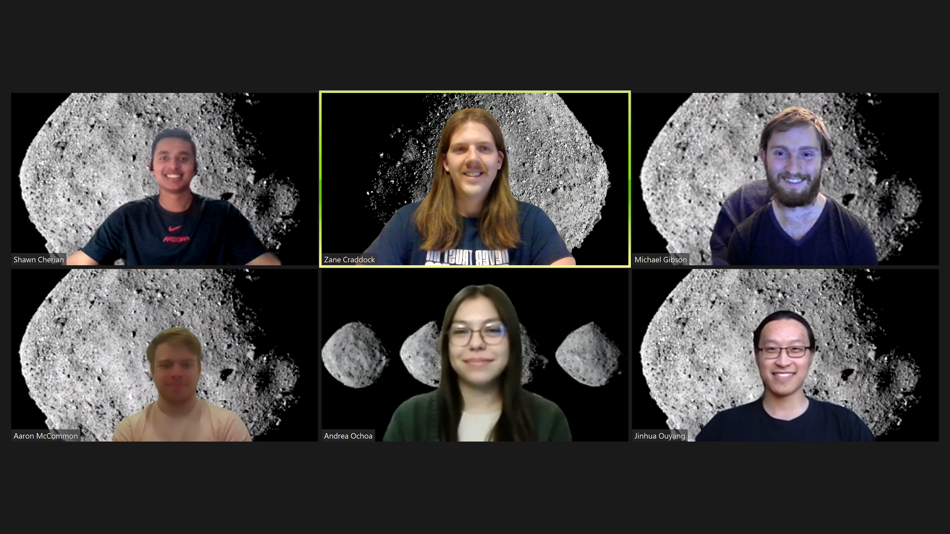 Screenshot of six students in a Zoom meeting, who all have the asteroid Bennu set as their background image.