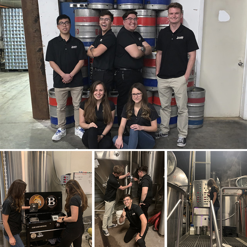 Top of image engineering students stand in front of brewery equipment. Bottom of image student collect data from brewing equipment. 