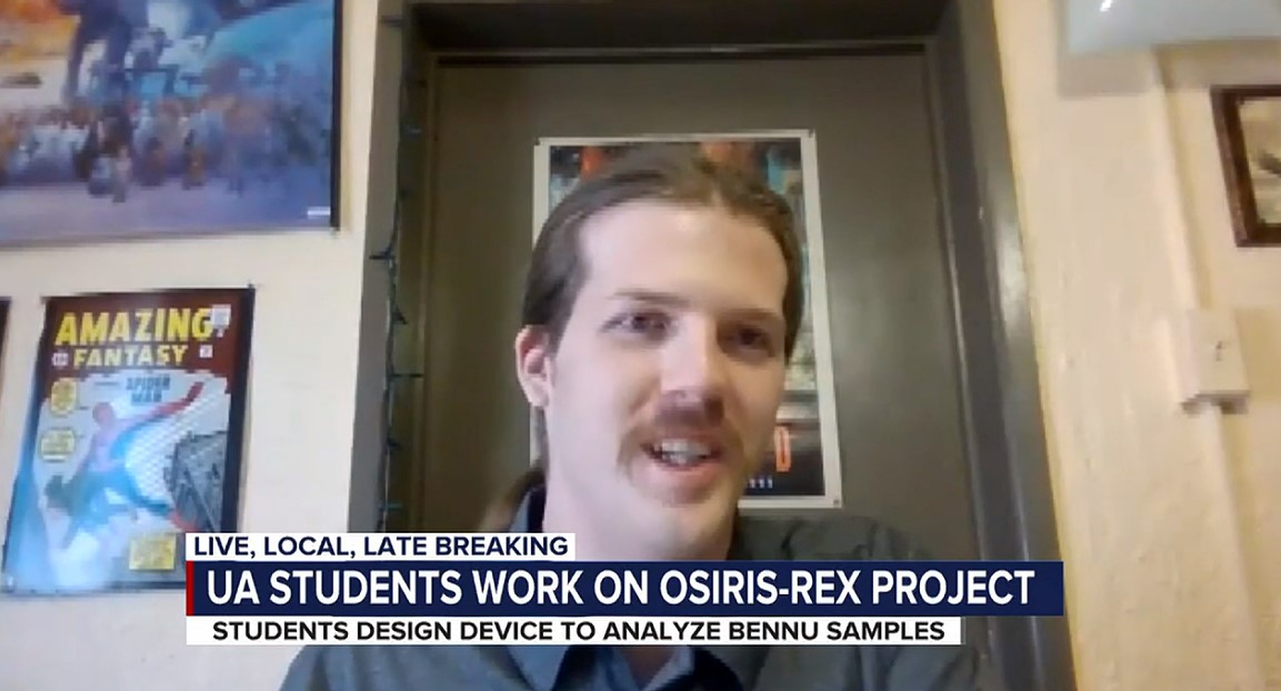 Screencap of a newscast, in which a student is talking via a zoom call. Bottom third says "UA Students Work on OSIRIS-REx Project"