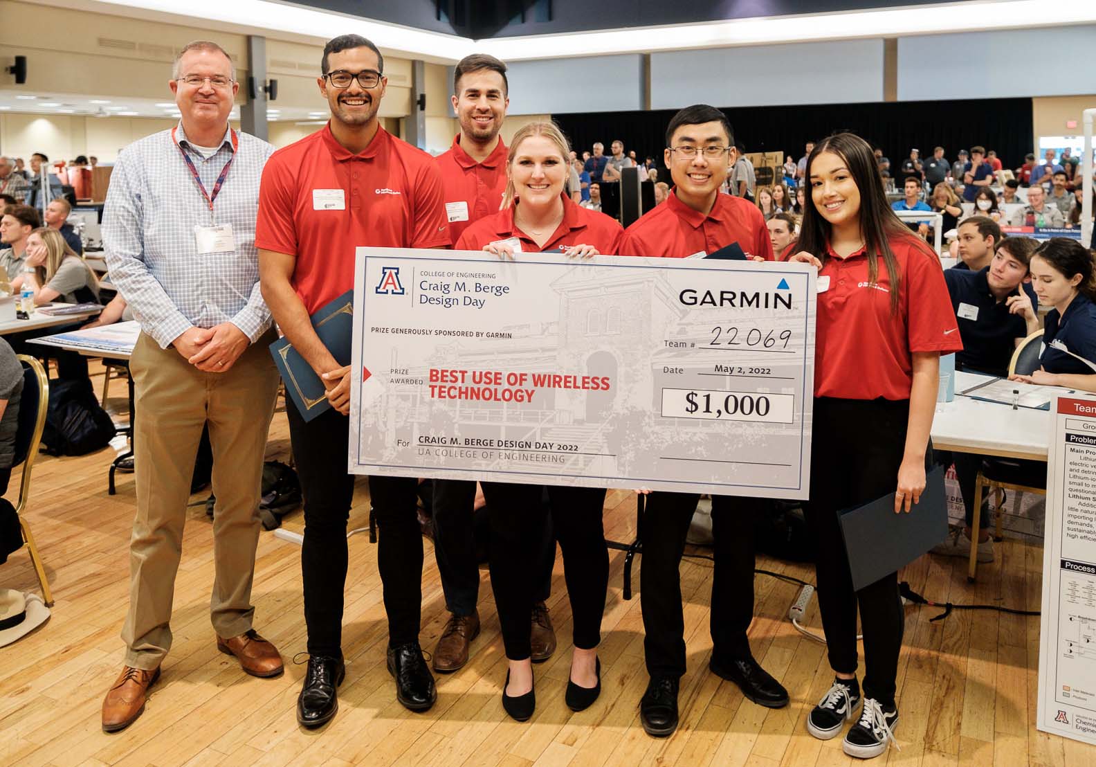 six people pose with a large prize check at a competition