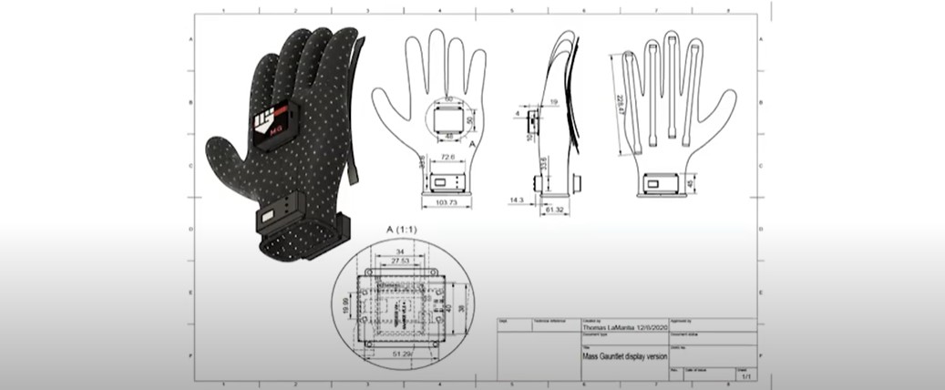 Digital drawings of a glove, seen from three different angles.