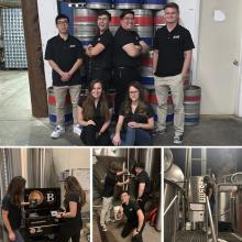 Top of image engineering students stand in front of brewery equipment. Bottom of image student colle