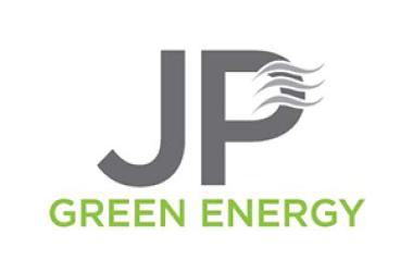 Logo for JP Green Energy consisting of the letters JP in gray with air waves through the curve of the P and Green Energy written in green underneath