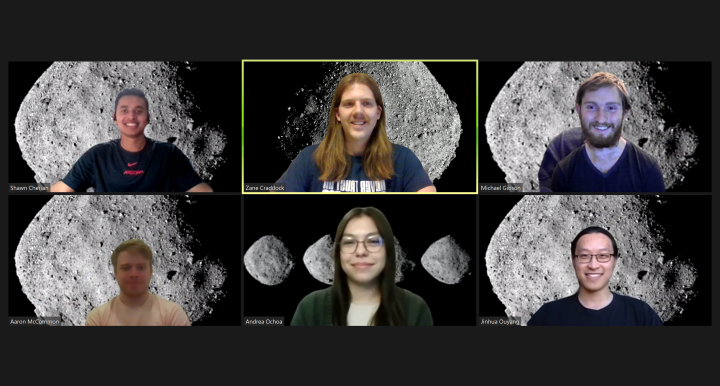 Screenshot of six students in a Zoom meeting, each of whom has an asteroid as his or her background.
