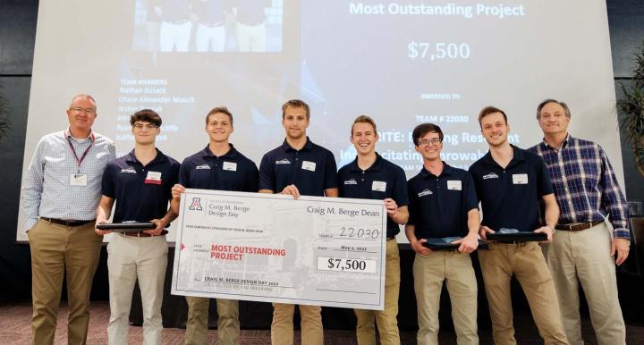 a group of students pose with a large check