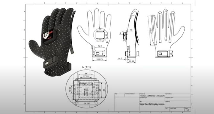 Digital drawings of a glove, seen from three different angles.